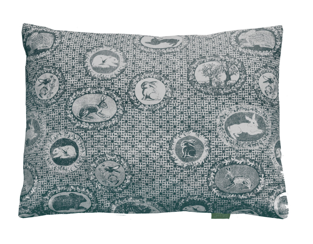 patterned cotton cushion,bunnies and rabbits printed in slate grey,a twist on Toile de jouy,English designer based in Norfolk.Pattern lovers choice.