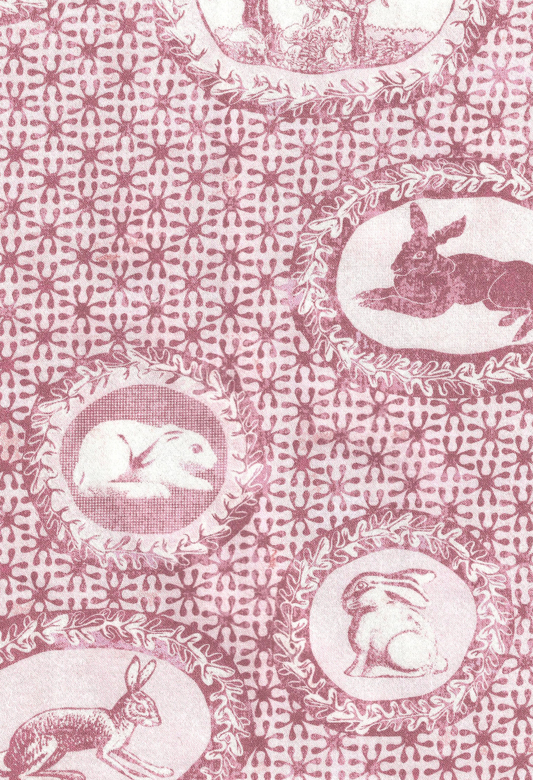 Toile de Jouy style fabric,faded red.with rabbits and bunnies printed,classic style independent designer,textiles,patterns by the metre.