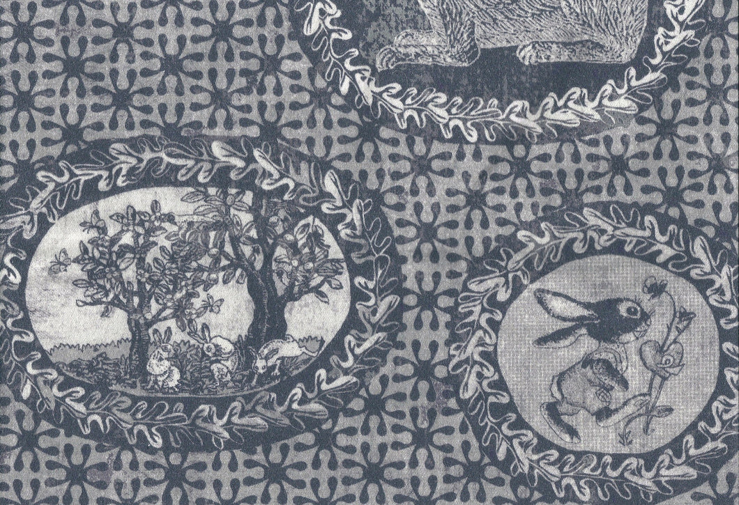 Toile de Jouy style fabric,with rabbits and bunnies printed slate grey colour,classic style independent designer,textiles,patterns by the metre.